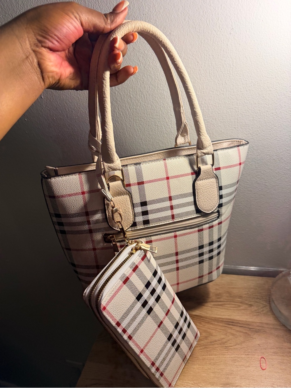 Cream Plaid Tote Bag with Matching Zip Wallet